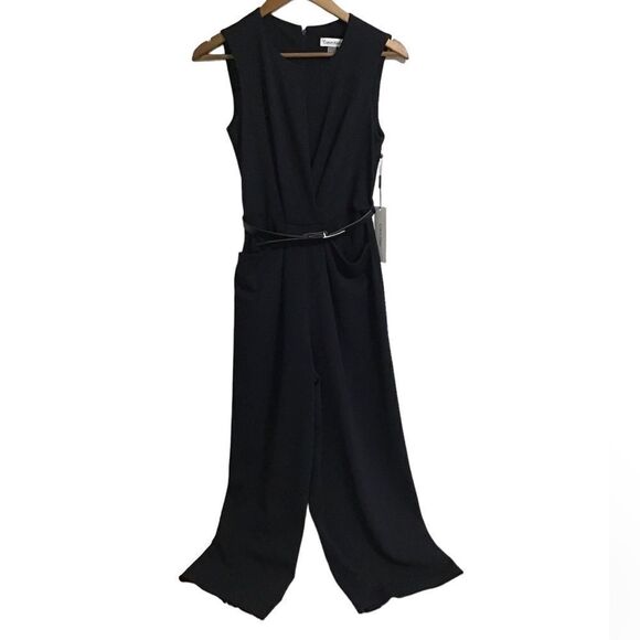 Calvin Klein Sleeveless Crew Neck Belted Scuba Crepe Crop Jumpsuit Size 2 - Picture 3 of 13